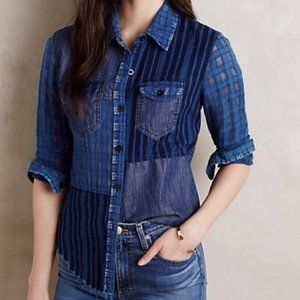 Anthropologie Artisan De Luxe Patchwork Chambray Button Down XS NEVER WORN